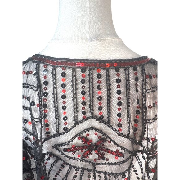 Vintage OS Style Red & Black Evening Sequin Cape Round Neckline Shrug - Picture 11 of 15